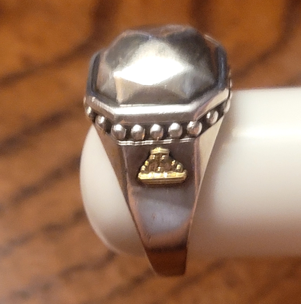 Lagos Caviar Sterling Silver 18k Yellow Gold Logo Faceted Rock Ring Size 7